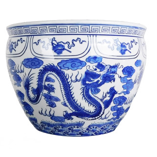 Blue and White Porcelain Fishbowl with Dragon Design