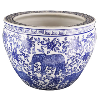 Blue And White Porcelain Fishbowl With Elephant Design