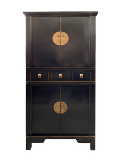 59"H Chinese Chest On Chest Finished In Black Lacquer