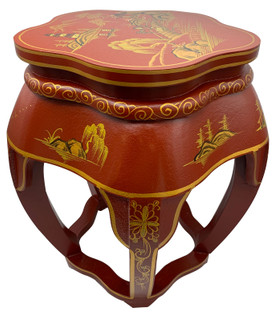 18"H Oriental Red Blossom Stool Hand Painted