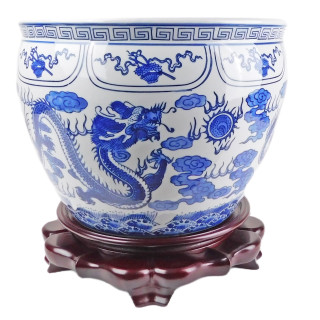 Blue And White Porcelain Planter 20" Fishbowl with Dragon Design