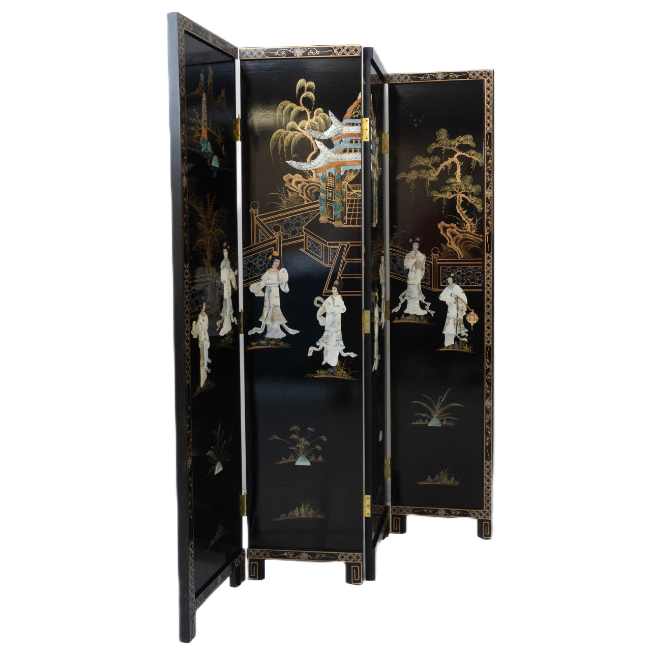 Oriental Furniture Warehouse Four Panel Black Lacquer Mother of