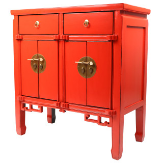 Oriental Hall Chest With Antique Matte Lacquer Finish in Red