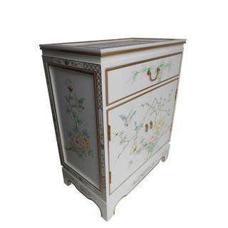 Oriental Shoe Cabinet End Table With Hand Painted Bird and Flower Design in White