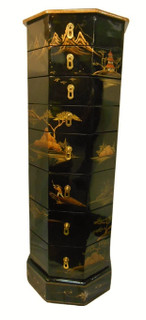 8 Drawer Asian Pedestal With Hand Painted Landscape Design in Black Lacquer