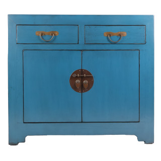 38" Chinese Wooden Cabinet with Round Brass in Blue Lacquer Finish