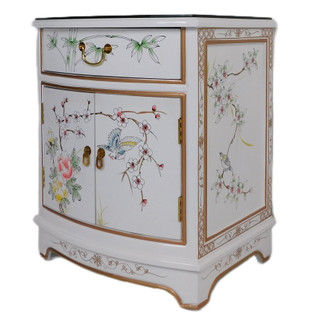 Oriental End Table With Painted Bird and Flower Design in White Lacquer