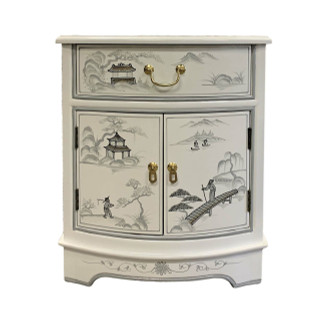 Oriental End Table with Antique Landscape Design in White 20"W