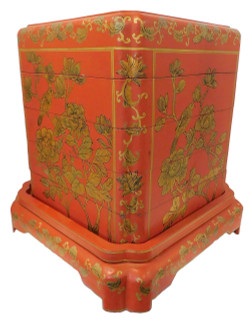 Oriental  Stacking Box With Hand Painted Flower Design in Matte Red Lacquer