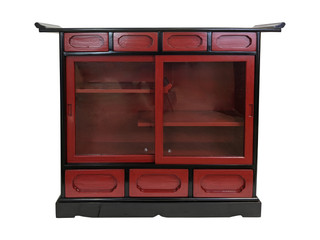 Red Lacquer Japanese Wooden Glass Curio Cabinet