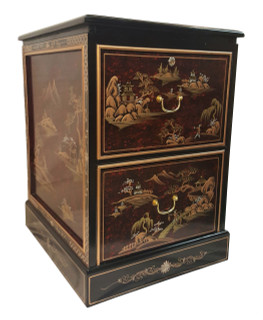 Oriental File Cabinet With Hand Painted Gold Japanese Landscape in French Red
