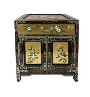 Oriental Gold Night Stand Painted Floral 24" Height