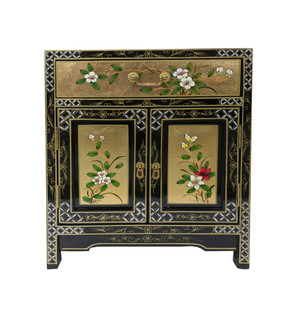 Oriental Gold Night Stand Painted Floral 24" Height