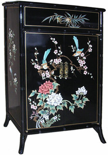Oriental Shoe Cabinet Carved Bamboo Style With Bird and Flower Design