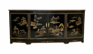 Oriental Buffet in Black Lacquer With Hand Painted Landscape 60"L