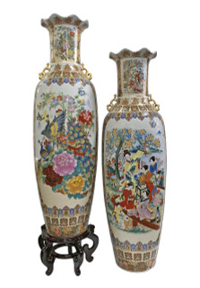 Large Fluted Vase in Chinese Floral Design 52"H