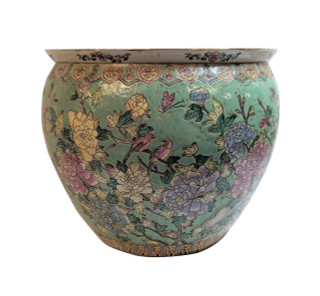 Antique Bird and Flower Turquoise Chinese Porcelain Fishbowl 18 Inches