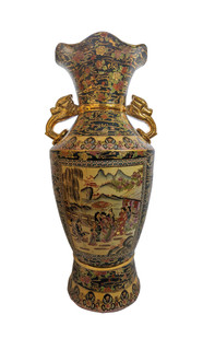 Japanese Landscape Fluted Vase Lion Handle 36 Inch