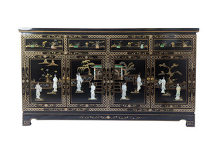 Black Lacquer Server Mother of Pearl Asian Landscape