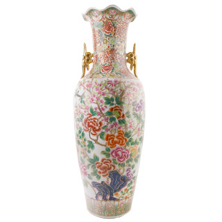 Large Rose Medallion Fluted Chinese Porcelain Vase 