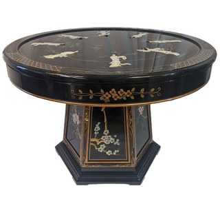 Lacquer Dinette Table Oriental Black Lady Mother Of Pearl