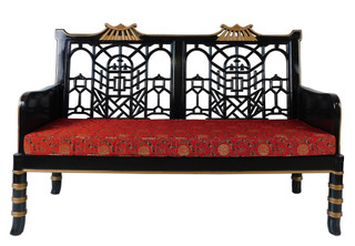 52" Chinese Black Lacquer Lattice Carved Pagoda Bench with Red Silk Cushion