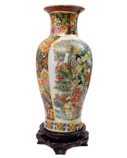 Japanese Satsuma Vase with Peacock and Geisha Design 12"H