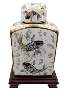 Rectangular Porcelain Tea Jar with White Glaze and Oriental Metallic Goldfish