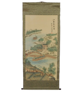 Oriental Silk Scroll with Hand Painted River Town Scene 67" High