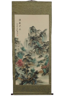 Oriental Silk Scroll with Hand Painted Mountain Village Scene 69" High