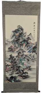 Oriental Silk Scroll with Hand Painted Mountain Village Scene 69" High