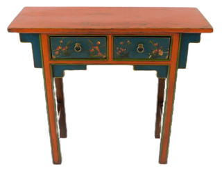 Tibetan Floral Wing Top Two Drawer Console Table - 36" W