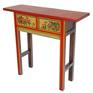 Hand Painted Antique Tibetan Two Drawer Sofa Table in Red and Yellow - 36" W