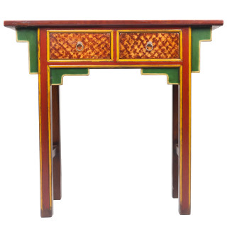 Hand Painted Antique Tibetan Two Drawer Sofa Table in Red and Yellow - 36" W
