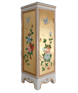 Oriental Gold Leaf and White Lacquer Pedestal with Bird and Flower Design 36"H