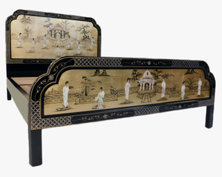 Oriental Gold Leaf Mother of Pearl Palace Bed in Chinese Black Lacquer Queen Size