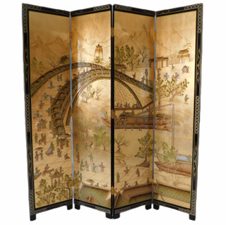 Oriental Floor Screen Hand Painted Gold Leaf Rivertown 72”H