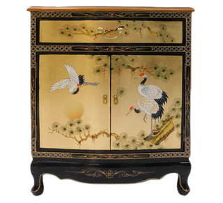 Gold Leaf Oriental Hall Chest With Hand Painted Cranes and Pine Tree 32”W