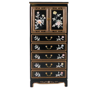 Black Lacquer Oriental Lingerie Cabinet with Bird and Flower Mother of Pearl Design 24”W