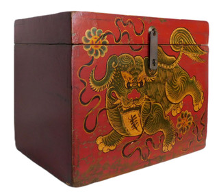 Hand Painted Tibetan Storage Chest with Green and Yellow Foo Dog 16” W