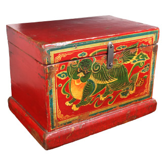 Hand Painted Tibetan Storage Chest with Green and Yellow Foo Dog 20 " Wide