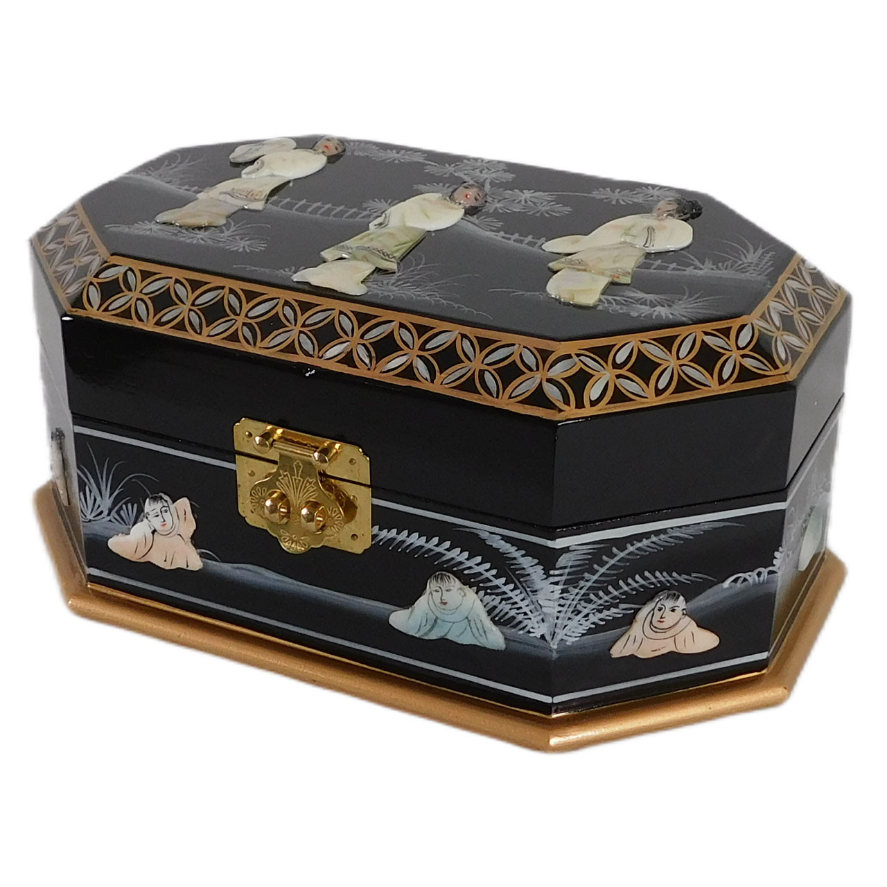 Black Octagonal Oriental Jewelry Box With Pearl Inlays