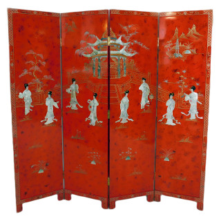 Chinese Red Lacquer Four Panel Room Divider Floor Screen with Mother of Pearl Inlay