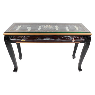 Asian French Red Sofa Table with Mother Of Pearl and Glass Top - 44”W