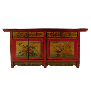 Asian Antique Buffet Table with Bird and Flower Handpainting - 75" W