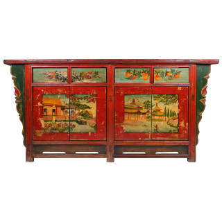 Asian Antique Buffet Table with Landscape Handpainting - 72" W