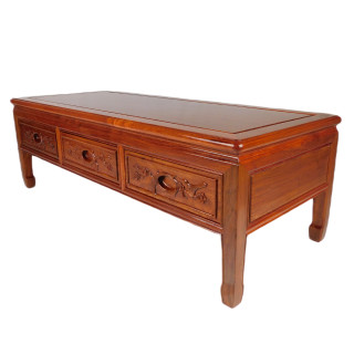  Rosewood Coffee Table With 3 Drawers Hand Carved Bird and Flower