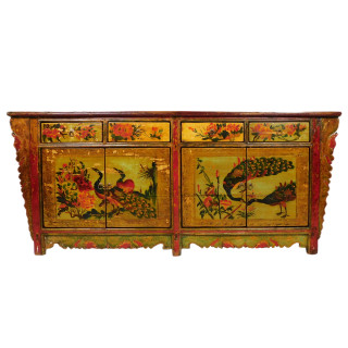 Asian Antique Buffet Cabinet with Bird and Flower Hand Painting