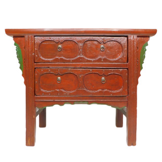 Chinese Red Carved Antique Cabinet with Drawers