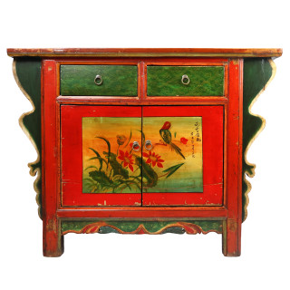 Antique Tibetan Hall Chest Cabinet with Painted Florals 